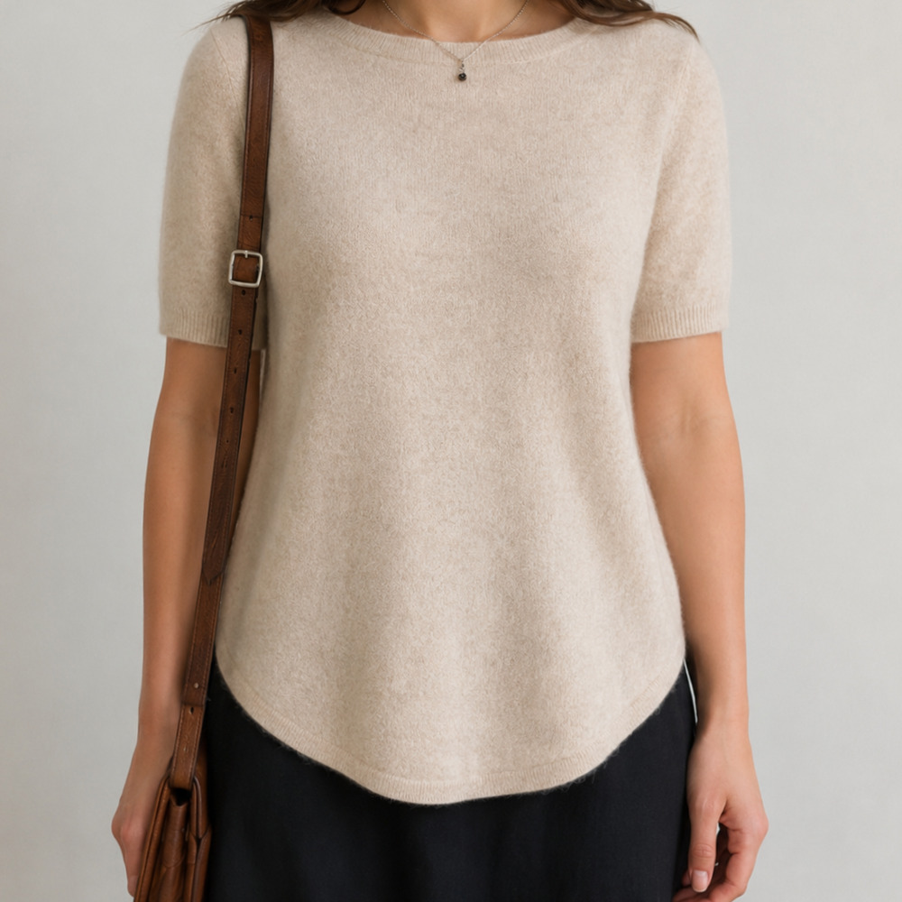 Lusso Cashmere Women’s XL Oatmeal Short Sleeve Tunic Sweater Minimalist Office